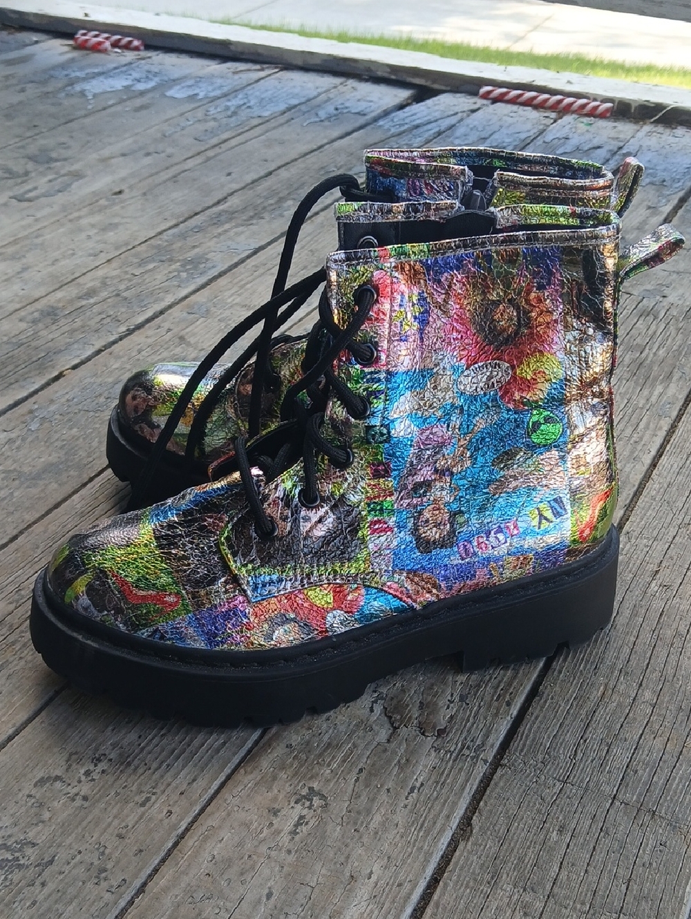 Colorful Metallic Graphic Lace-Up Combat Boots